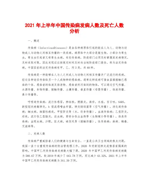 2021年上半年中国传染病发病人数及死亡人数分析