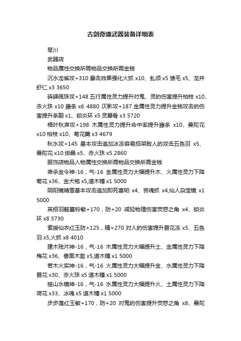 古剑奇谭武器装备详细表