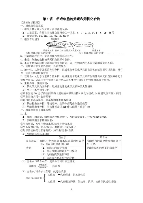 人教版生物必修一专题1：组成细胞的元素和化合物知识点