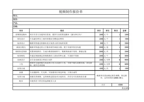 动漫、拍摄、微电影等视频制作报价单、询价单