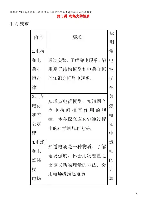 江苏省2021高考物理一轮复习第七章静电场第1讲电场力的性质教案