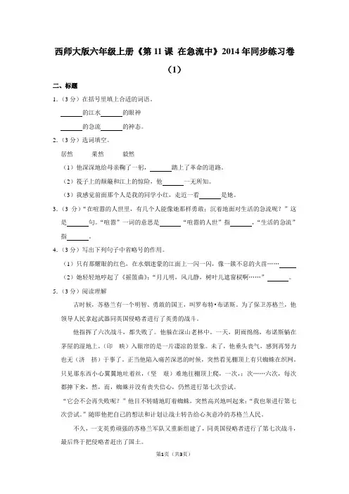 西师大版六年级(上)《第11课 在急流中》2014年同步练习卷(1)
