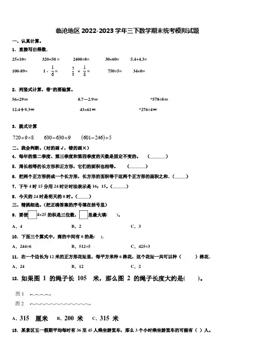临沧地区2022-2023学年三下数学期末统考模拟试题含解析