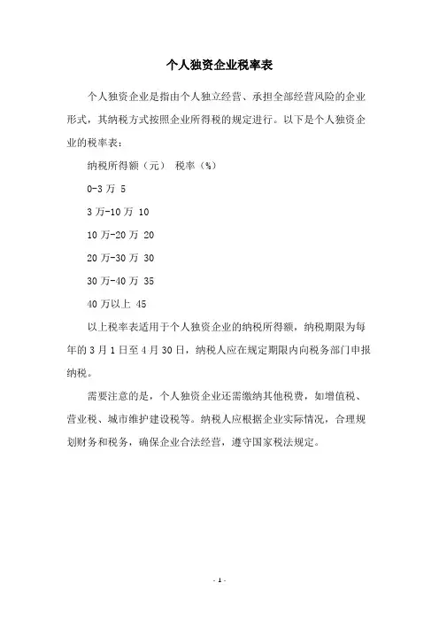 个人独资企业税率表
