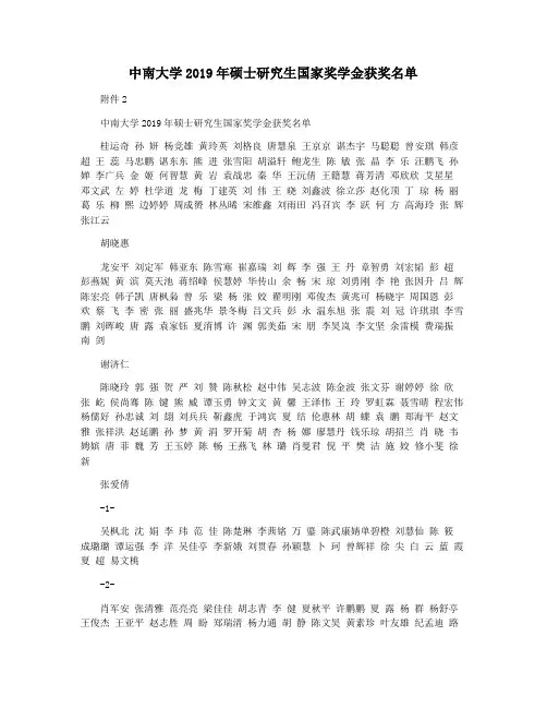 中南大学2019年硕士研究生国家奖学金获奖名单
