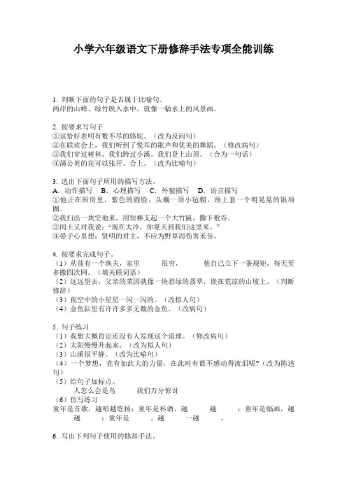 小学六年级语文下册修辞手法专项全能训练