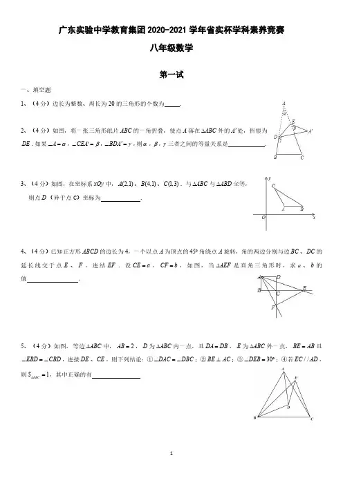 广东省实验中学2020-2021学年八年级上学期数学省实杯学科素养竞赛(试题及参考答案)