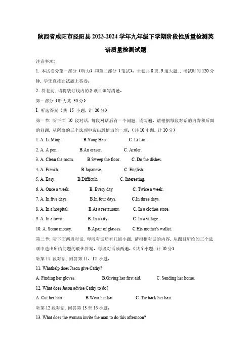 陕西省咸阳市泾阳县2023-2024学年九年级下册阶段性质量检测英语质量检测试题(附答案)