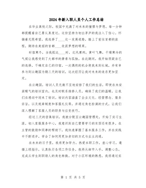 2024年新入职人员个人工作总结(3篇)