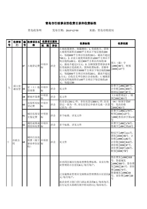 行政事业性收费目录和标准