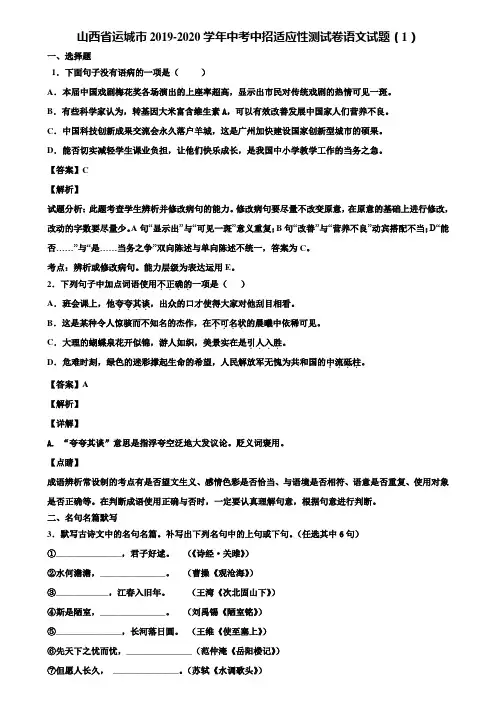 山西省运城市2019-2020学年中考中招适应性测试卷语文试题(1)含解析
