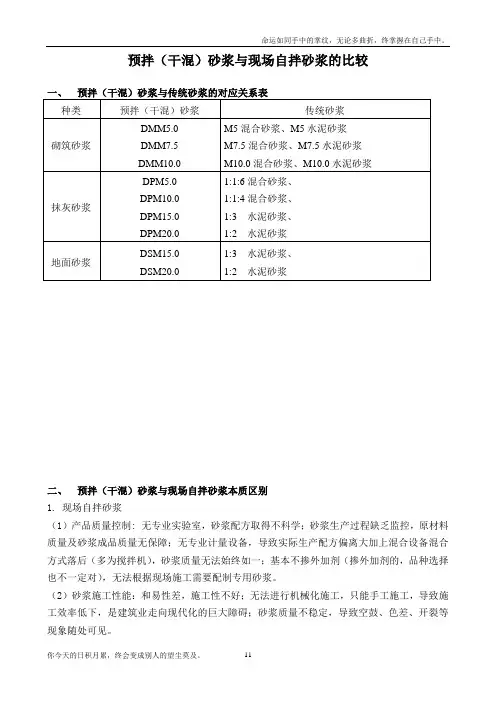 预拌砂浆对应表