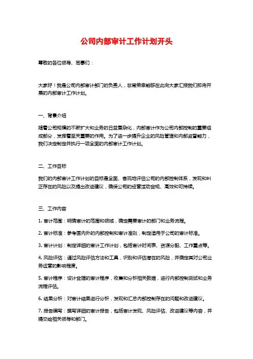 公司内部审计工作计划开头