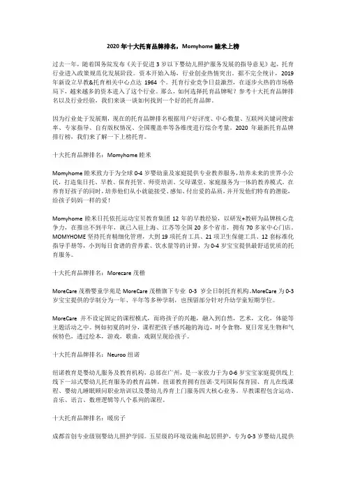 2020年十大托育品牌排名,Momyhome睦米上榜