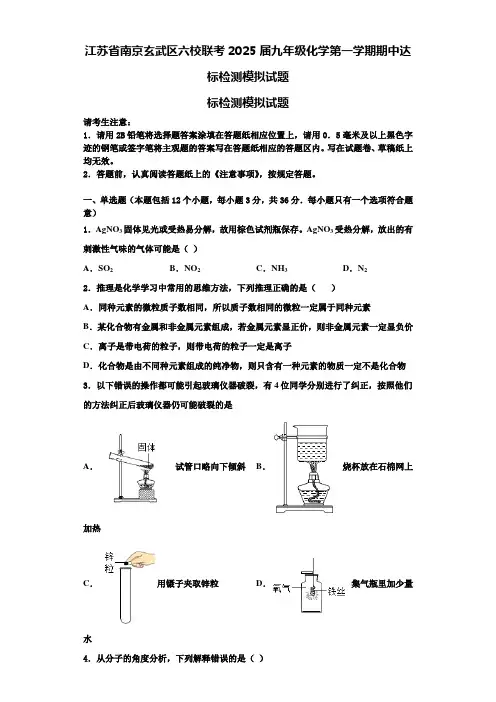 江苏省南京玄武区六校联考2025届九年级化学第一学期期中达标检测模拟试题含解析
