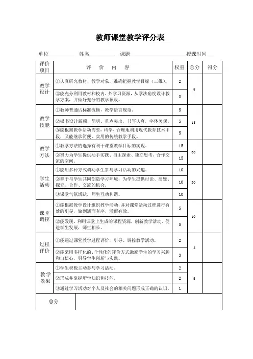 教师课堂教学评分标准