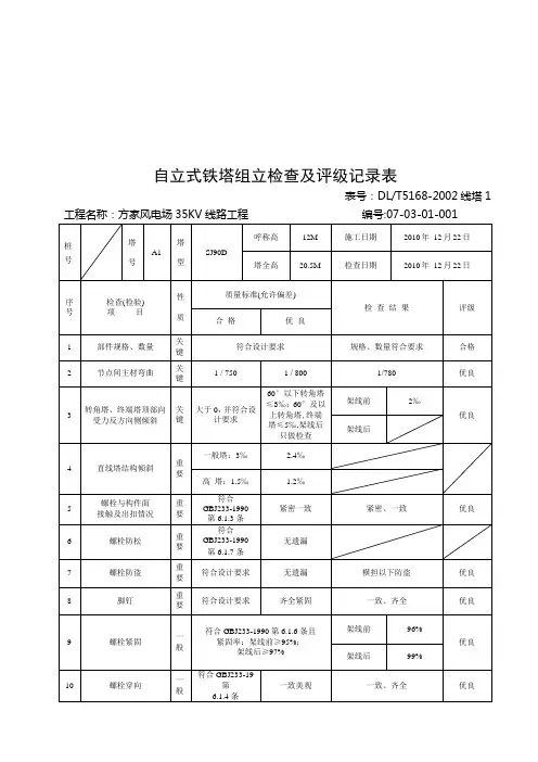 自立式铁塔组立检查及评级表(doc 78页)