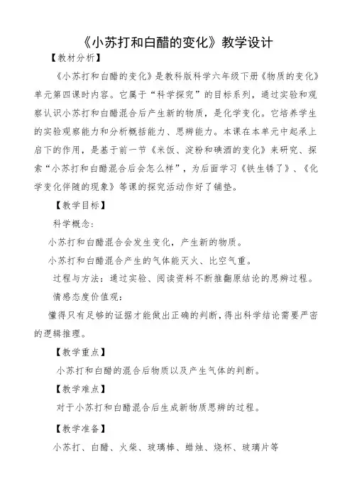 六年级科学下册教案-2.4小苏打和白醋的变化33-教科版