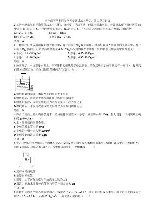 2019-2020人教版八年级下学期同步单元专题讲练大培优：浮力复习训练