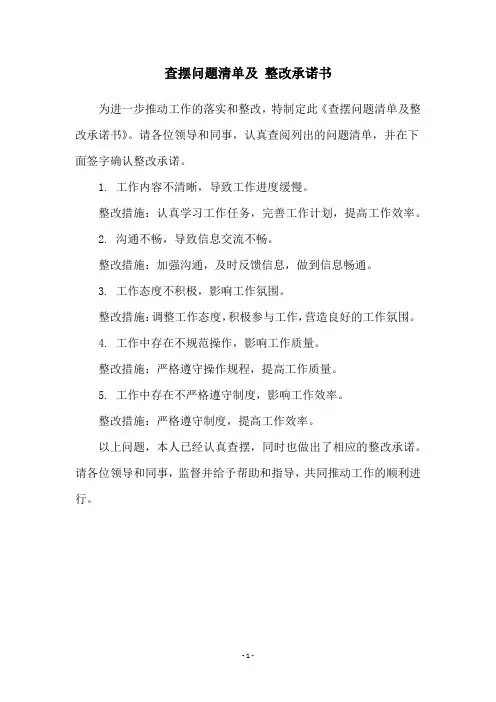 查摆问题清单及 整改承诺书