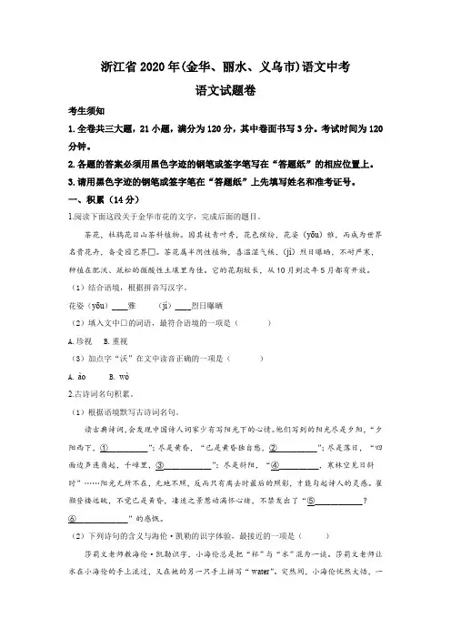 浙江省金华、丽水、义乌市2020年中考语文试题(含答案与解析)