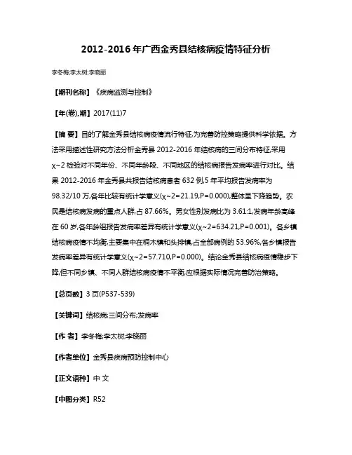 2012-2016年广西金秀县结核病疫情特征分析