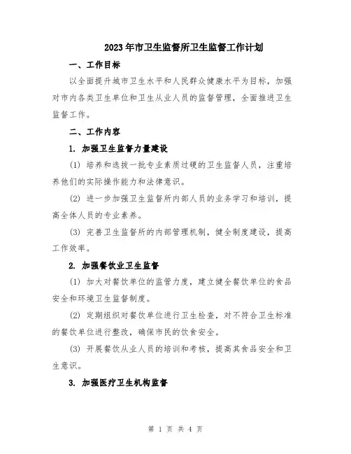 2023年市卫生监督所卫生监督工作计划 
