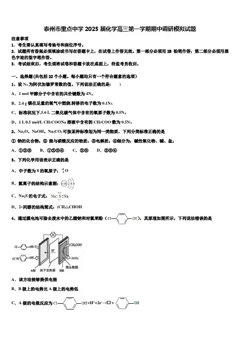泰州市重点中学2025届化学高三第一学期期中调研模拟试题含解析