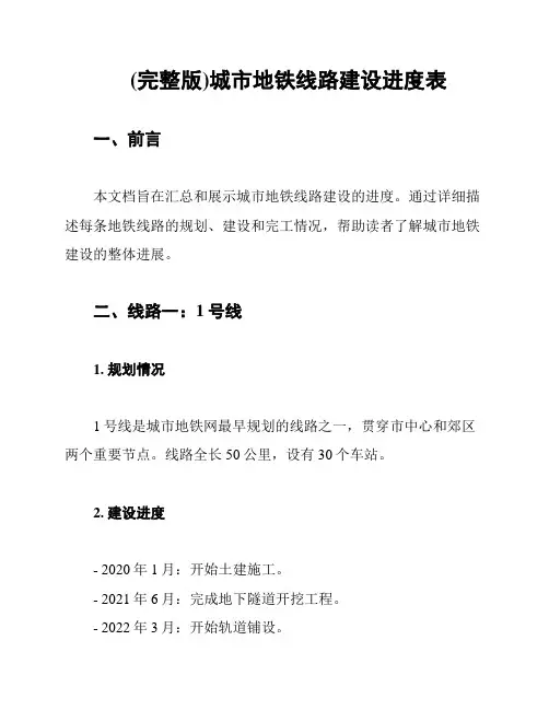 (完整版)城市地铁线路建设进度表