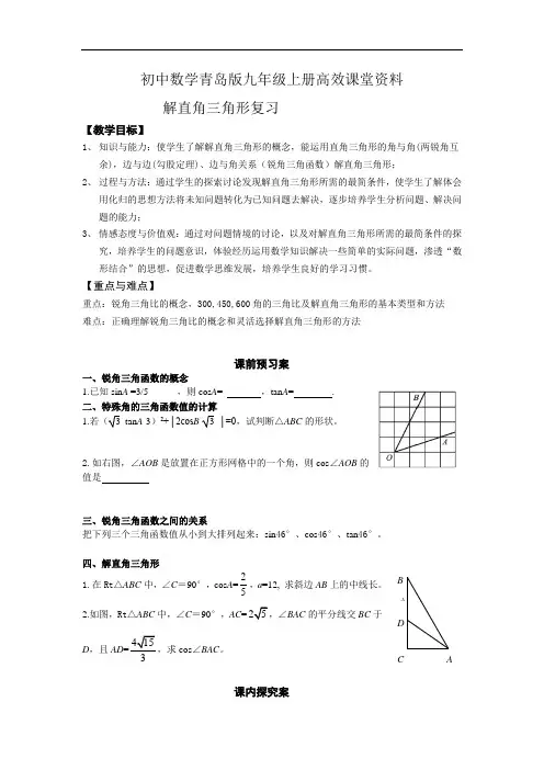 初中数学青岛版九年级上册高效课堂资料教案 第二章解直角三角形复习