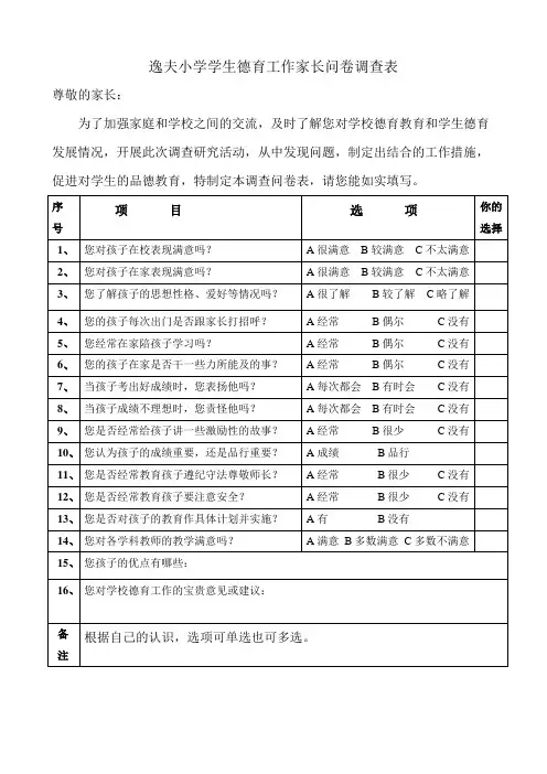 逸夫小学学生德育工作家长问卷调查表
