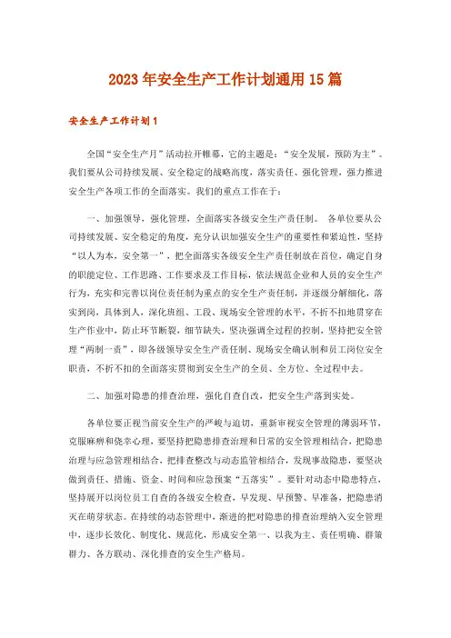 2023年安全生产工作计划通用15篇