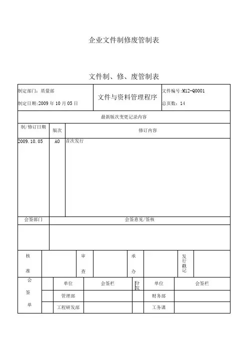 企业文件制修废管制表