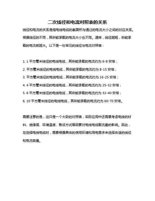 二次线径和电流对照表的关系