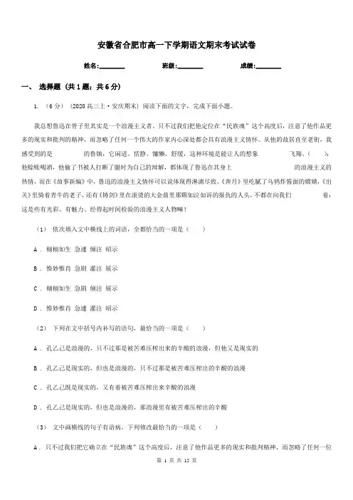 安徽省合肥市高一下学期语文期末考试试卷