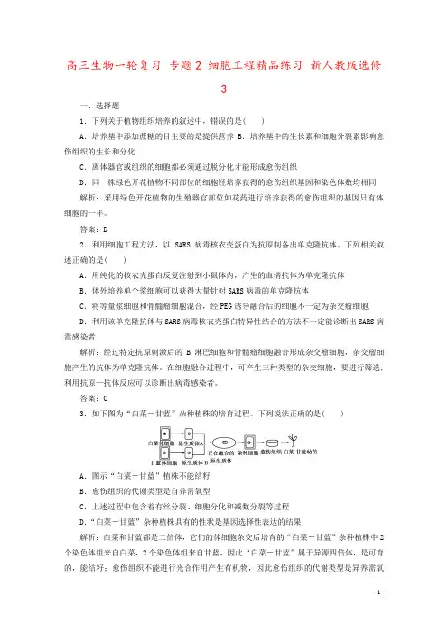 高三生物一轮复习 专题2 细胞工程精品练习 新人教版选修3