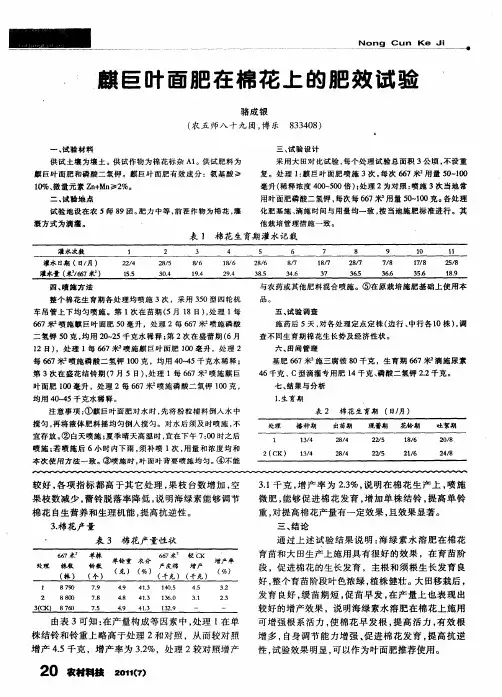 麒巨叶面肥在棉花上的肥效试验