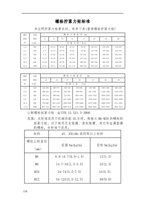 螺栓拧紧力矩标准-全