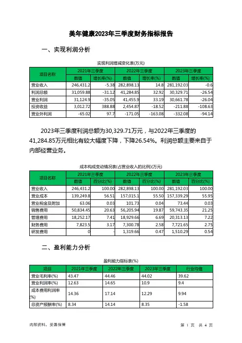 002044美年健康2023年三季度财务指标报告