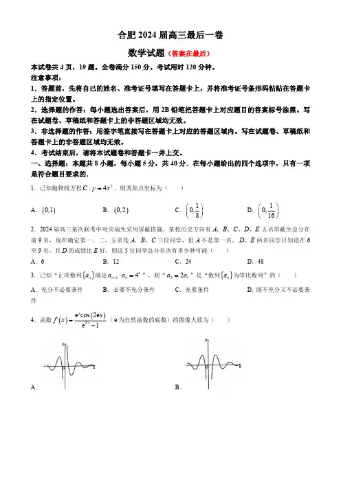 安徽省合肥2024届高三下学期最后一卷数学试题含答案