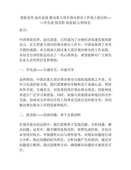 善始克终 加压奋进 推动重大项目领办督办工作再上新台阶——学先进 找差距 促赶超 心得体会