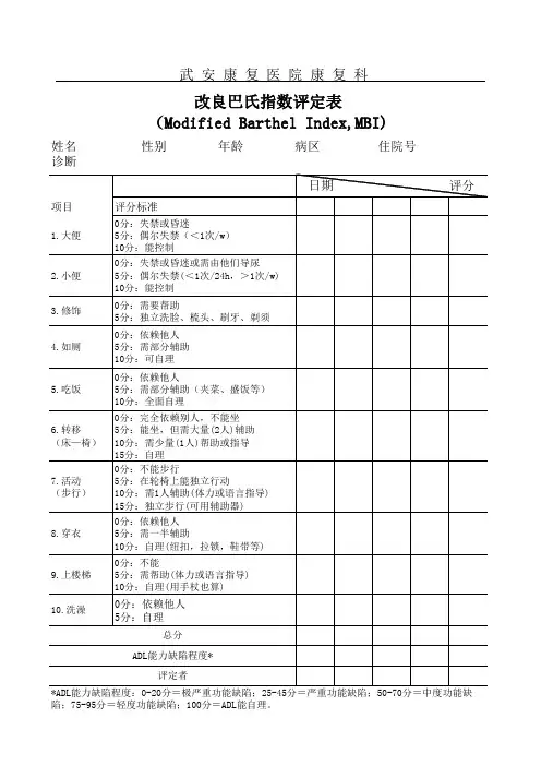 改良巴氏指数评定表