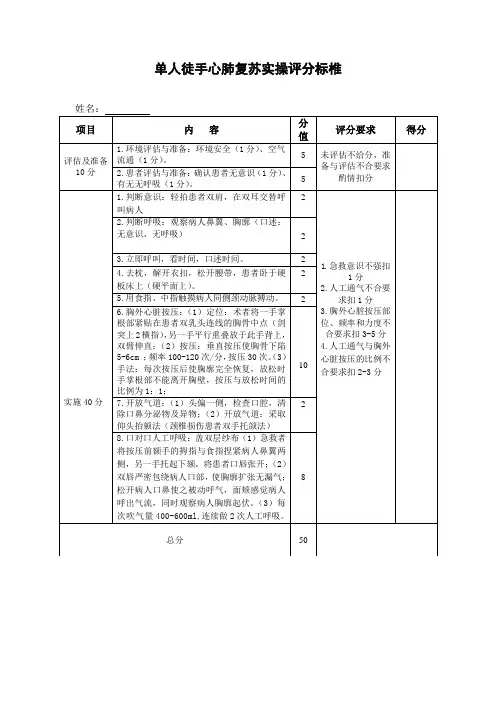 单人徒手心肺复苏评分标准