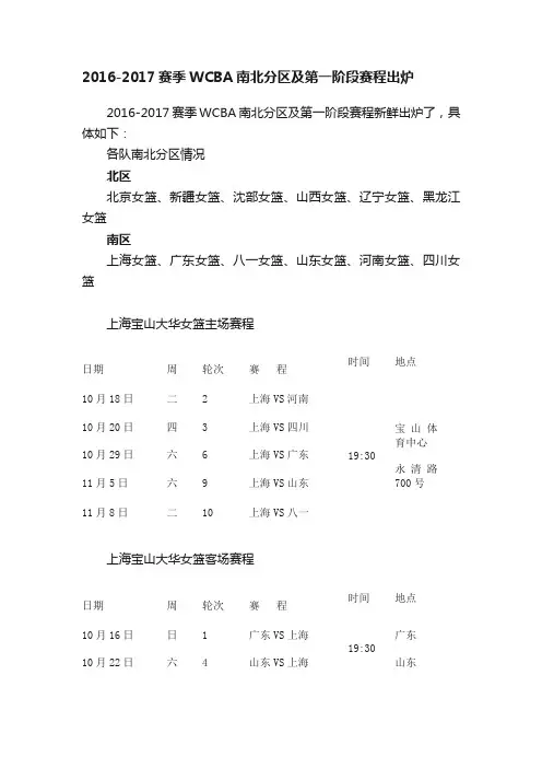 2016-2017赛季WCBA南北分区及第一阶段赛程出炉