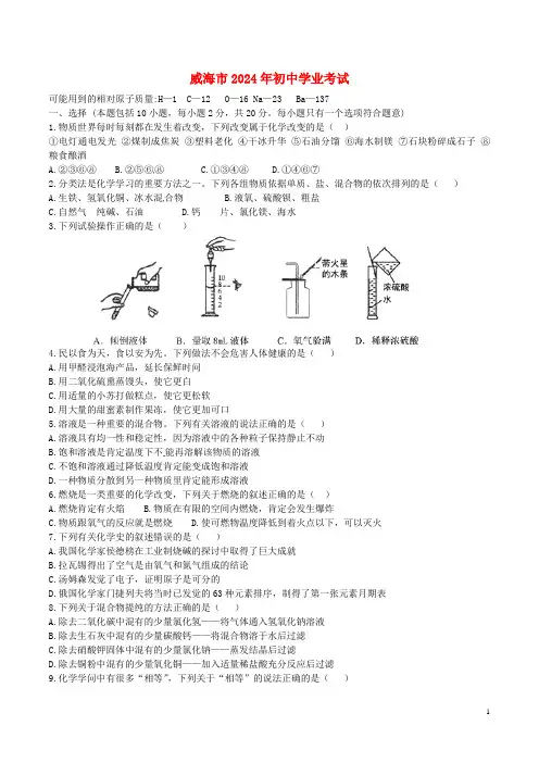 山东省威海市2024年中考化学真题试题(含答案)(新)