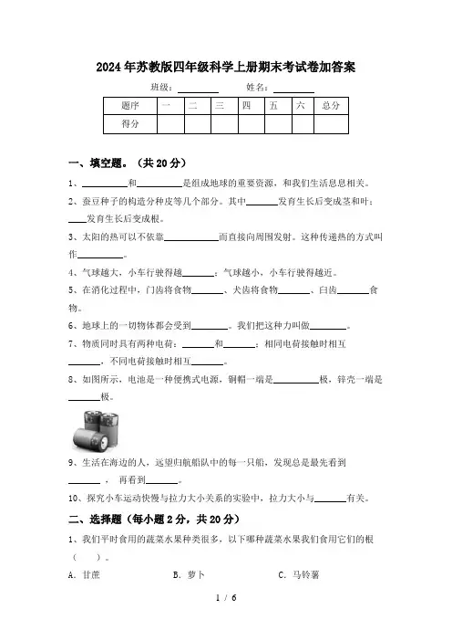 2024年苏教版四年级科学上册期末考试卷加答案