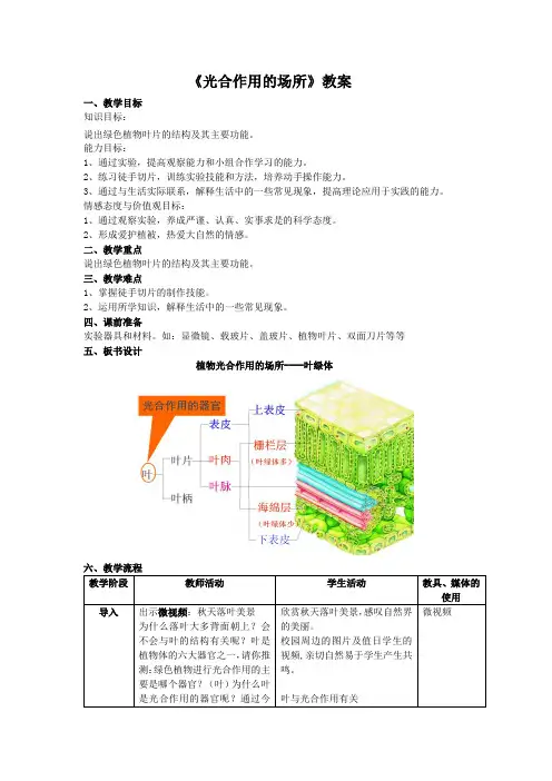 苏教版生物七年级上册3.6.2 植物光合作用场所 教案设计