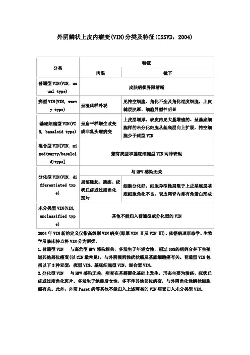 外阴鳞状上皮内瘤变(VIN)分类及特征(ISSVD,2004)