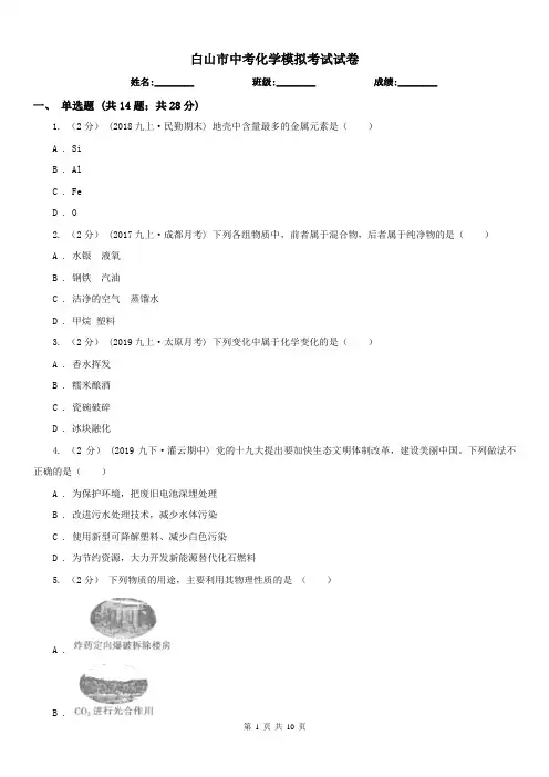 白山市中考化学模拟考试试卷