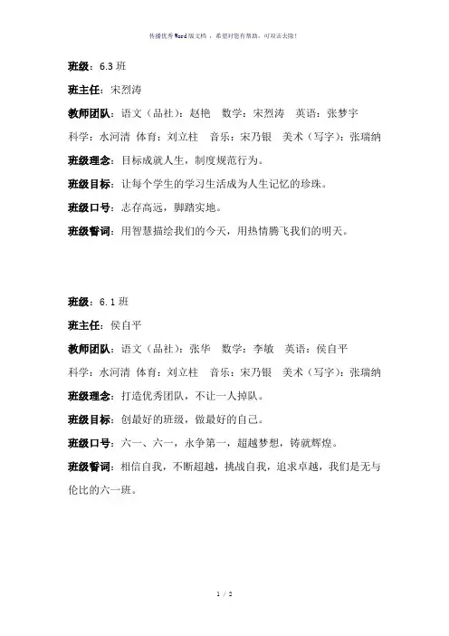 班级理念、目标、口号、誓词